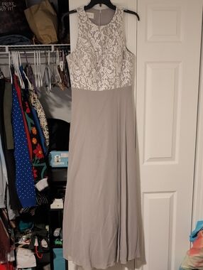 Azazie Lace Bodice Maxi Dress in Light Taupe and Ivory